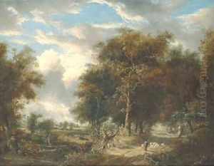 A wooded landscape with a shepherd and sheep on a path by John Berney Crome