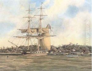 An English frigate lying at anchor off a tropical beach An English frigate lying at anchor off a tropical beach