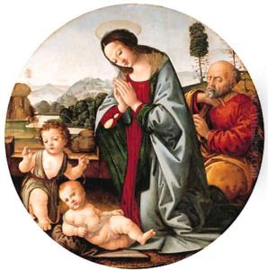 The Holy Family with the Infant Saint John the Baptist, a river landscape beyond by Lorenzo Di Credi