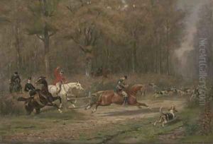 A chase through the woods, the huntsman's horn sounding by Auguste-Henri-Louis De Clermont