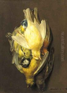 A still life with a robin, a blue tit, a great tit and other birds hanging from a robe