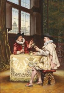 Two Connoisseurs Examining Silver Beside A Window, A Tapestry Nearby