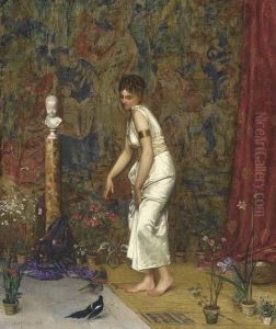 Girl In A White Roman Dress Feeding Two Birds.