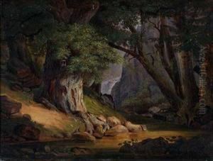 Sonnendurchflutetes Waldstuck Mit Eiche Vor Kleinem Wasserfall by Carl Friedrich Lessing