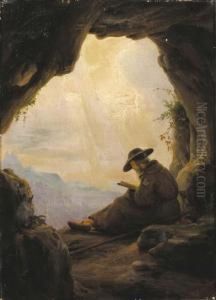A Hermit Reading In Grotto Overlooking A Mountainous Landscape