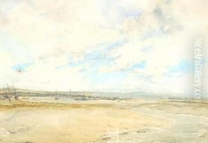 View Of A Beach With A Harbour Beyond by Jules Lessore