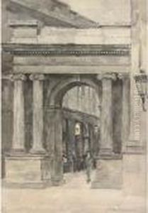 A Suited Gentleman Wandering Through An Arcade by Jules Lessore