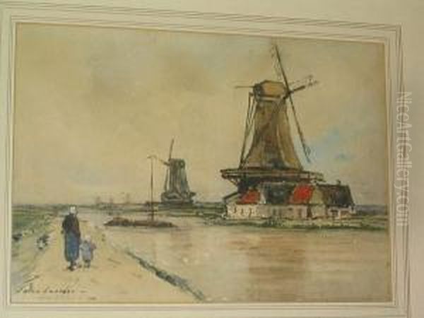 Dutch Canal Scene With Windmills And Figures On The Bank - view 1