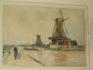Dutch Canal Scene With Windmills And Figures On The Bank by Jules Lessore