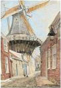 The Windmill, Signed And Dated 1874, Watercolour, 33 X 24 Cm.; 13 X 9 1/2 In