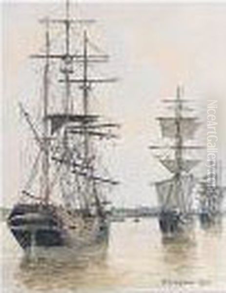 Cargo Vessels Anchored In An Estuary - view 1