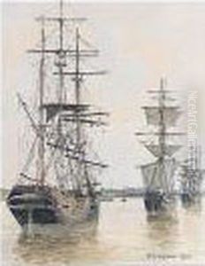 Cargo Vessels Anchored In An Estuary by Jules Lessore