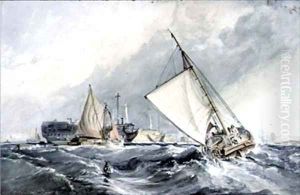 Old Men of War at Anchor boats in a Gale by George the Elder Chambers