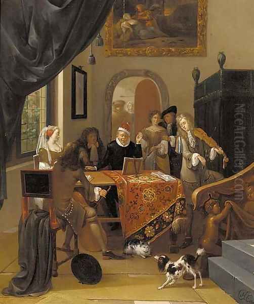 A music party in an elegant interior, seen past a trompe l'oeil curtain - view 1