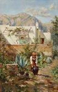 Suditalienische Landschaft Mit 
Einer Jungen Frau Und Einem Hund Im Garten Eines Landhauses by Antonino Leto