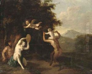 A wooded landscape with satyrs and a nymph dancing by Martinus De La Court