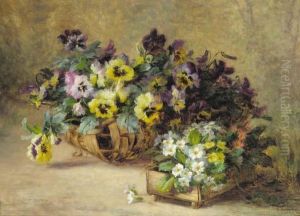 A Still Life With Violets And Primulas In Baskets by Louis Letsch