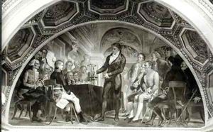 The Trial of Galileo 1564-1642 Alessandro Volta 1745-1827 presenting his experiments with an electric battery to Napoleon 1769-1821 by Nicola Cianfanelli