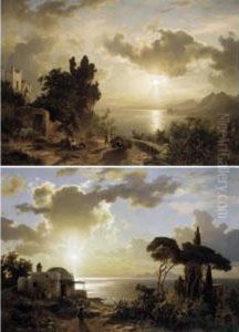 Italian Coastal Scenes At Sunset by August Wilhelm Leu