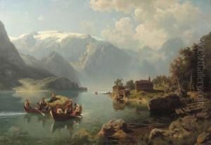 A Cheerful Encounter On An Alpine Lake by August Wilhelm Leu