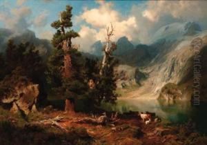 A Mountainous Lake Landscape by August Wilhelm Leu