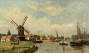 A Dutch Canal Scene With Barges To The Foreground And A Windmill In The Background by Johannes Karel Leurs