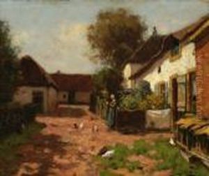 Farmer's Wife With Some Chickens On A Farmyard by Johannes Karel Leurs
