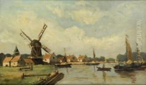 A Dutch Canal Scene With Barges Tothe Foreground And A Windmill In The Background by Johannes Karel Leurs