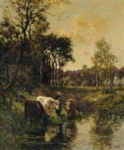 Watering Cows By A Forest by Johannes Karel Leurs
