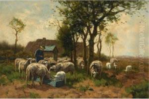 A Flock Of Sheep Grazing And Drinking by Johannes Karel Leurs