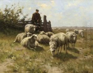 A Shepherd With His Flock Resting On The Heath