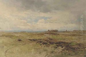 View of a church across a rural landscape by Onorato Carlandi