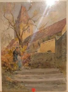 Vieille Femme Derriere L'eglise A Herblay by Rene Leverd