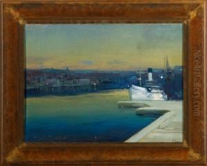 A Town Scenery With A Ship At The Dock. Signed by Vassilij Levi