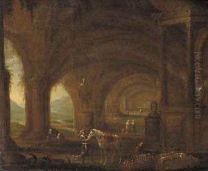 A traveller among classical ruins in a grotto