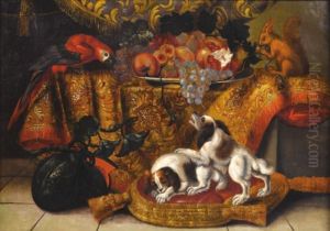 Nature Morte Aux Epagneuls Et Perroquet by Renaud Levieux