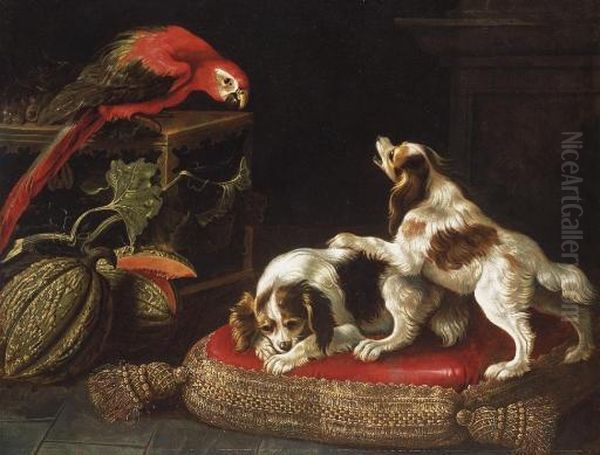 Perroquet Affrontant Deux Epagneuls Sur Un Coussin A Passementerie - view 1