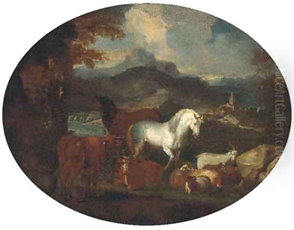 Horses, cattle, goats and rams by a lake in a mountain landscape - view 1