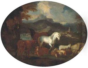 Horses, cattle, goats and rams by a lake in a mountain landscape by Giovanni Benedetto Castiglione