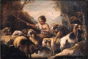 A shepherd boy watering sheep in a mountainous landscape by Giovanni Benedetto Castiglione