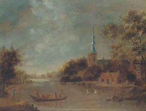 A landscape with drovers crossing a river by boat, a church beyond