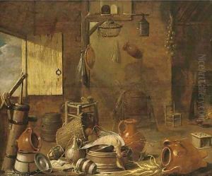Earthenware, a drake and vegetables in a barn, with a woman cooking at a fire by Govert Dircksz. Camphuysen