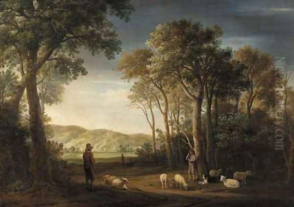 A wooded landscape with shepherds with their flocks in a clearing - view 1