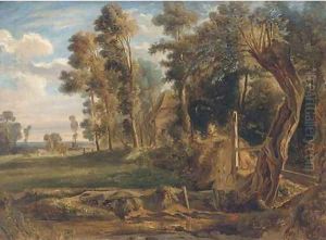Cattle by a woodland cottage by Jules Louis Phillipe Coignet