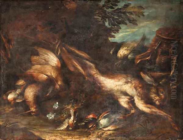 A dead hare, a snipe and songbirds, with a powder bag and game basket in a landscape - view 1