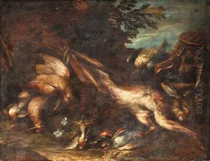 A dead hare, a snipe and songbirds, with a powder bag and game basket in a landscape by Niccolo Cassana