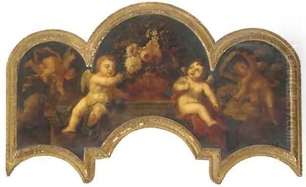Putti with an urn of flowers on a ledge - view 1