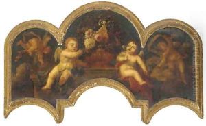 Putti with an urn of flowers on a ledge by Peter Casteels