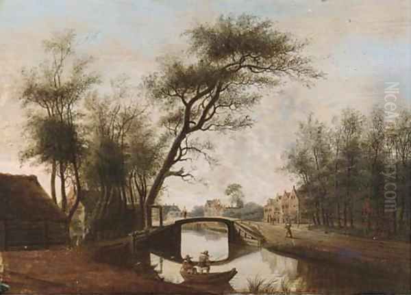 A river landscape with a fisherman in a boat before a bridge, a town beyond - view 1