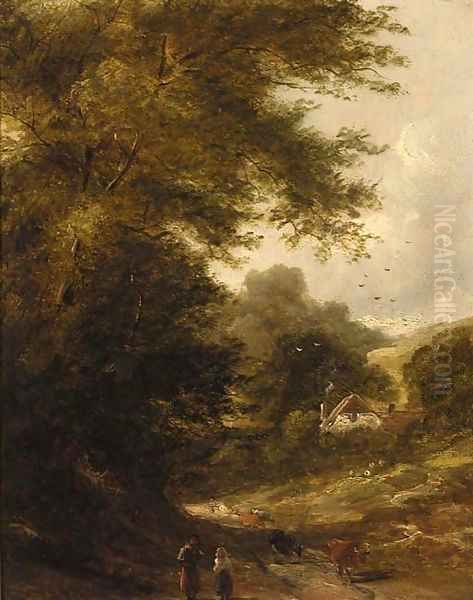 Drovers with cattle on a wooded path - view 1